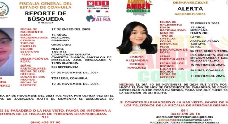 Reportan la desaparición de dos mujeres menores de edad en el estado de Coahuila