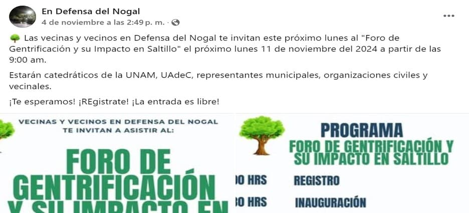 En defensa del Nogal se invita a la ciudadanía a participar en el Foro de Gentrificación